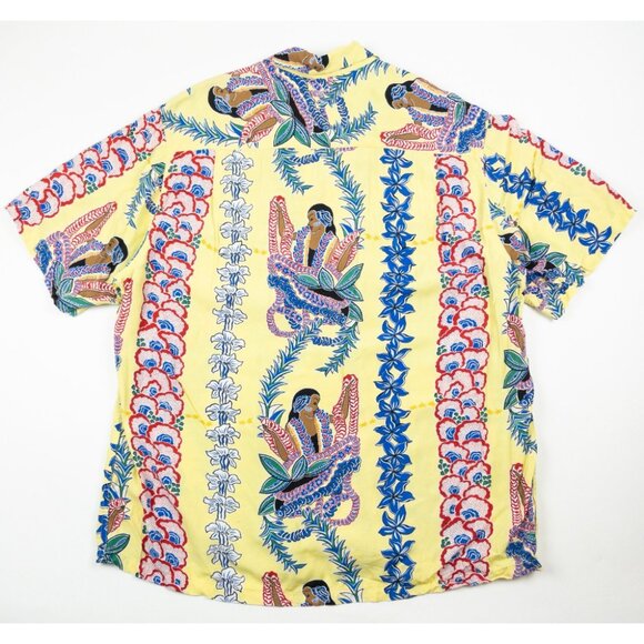 Kamehameha Hawaiian Shirt Lei Lady Mens XL Yellow Tropical Print Rayon USA Aloha - Picture 4 of 15